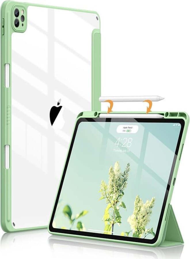 Soke Ultra Hybrid Case for iPad Pro 12.9 Inch (6th/5th/4th/3rd Generation, 2022/2021/2020/2018) - Pencil Holder + Auto Sleep/Wake + Camera Protection, Transparent Shockproof Back Cover, Matcha Green
